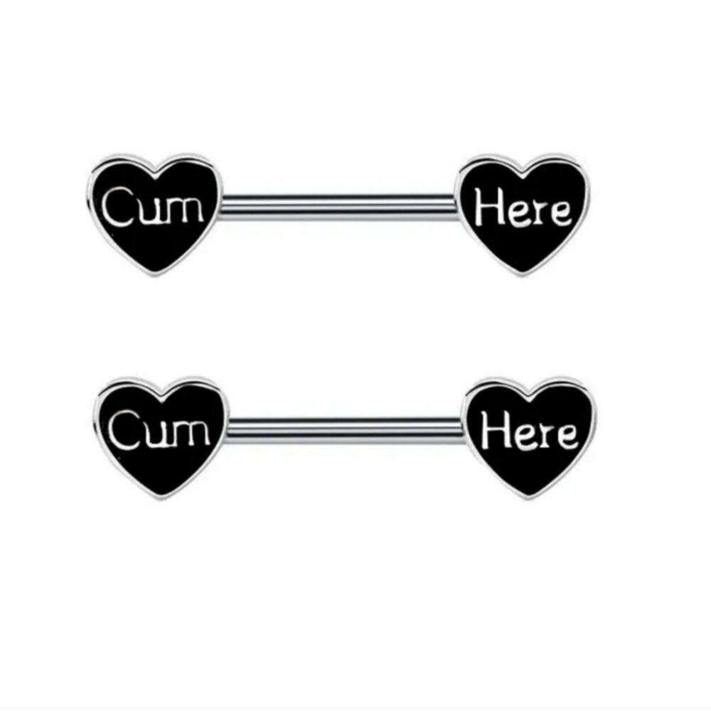 C*m Here naughty barbell nipple rings pair 14g stainless steel black heart